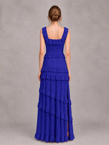 Square Neck A-Line Ruffle Chiffon Sleeveless Tiered Wedding Guest Dress with Split Side