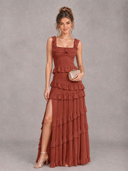 Square Neck A-Line Ruffle Chiffon Sleeveless Tiered Wedding Guest Dress with Split Side