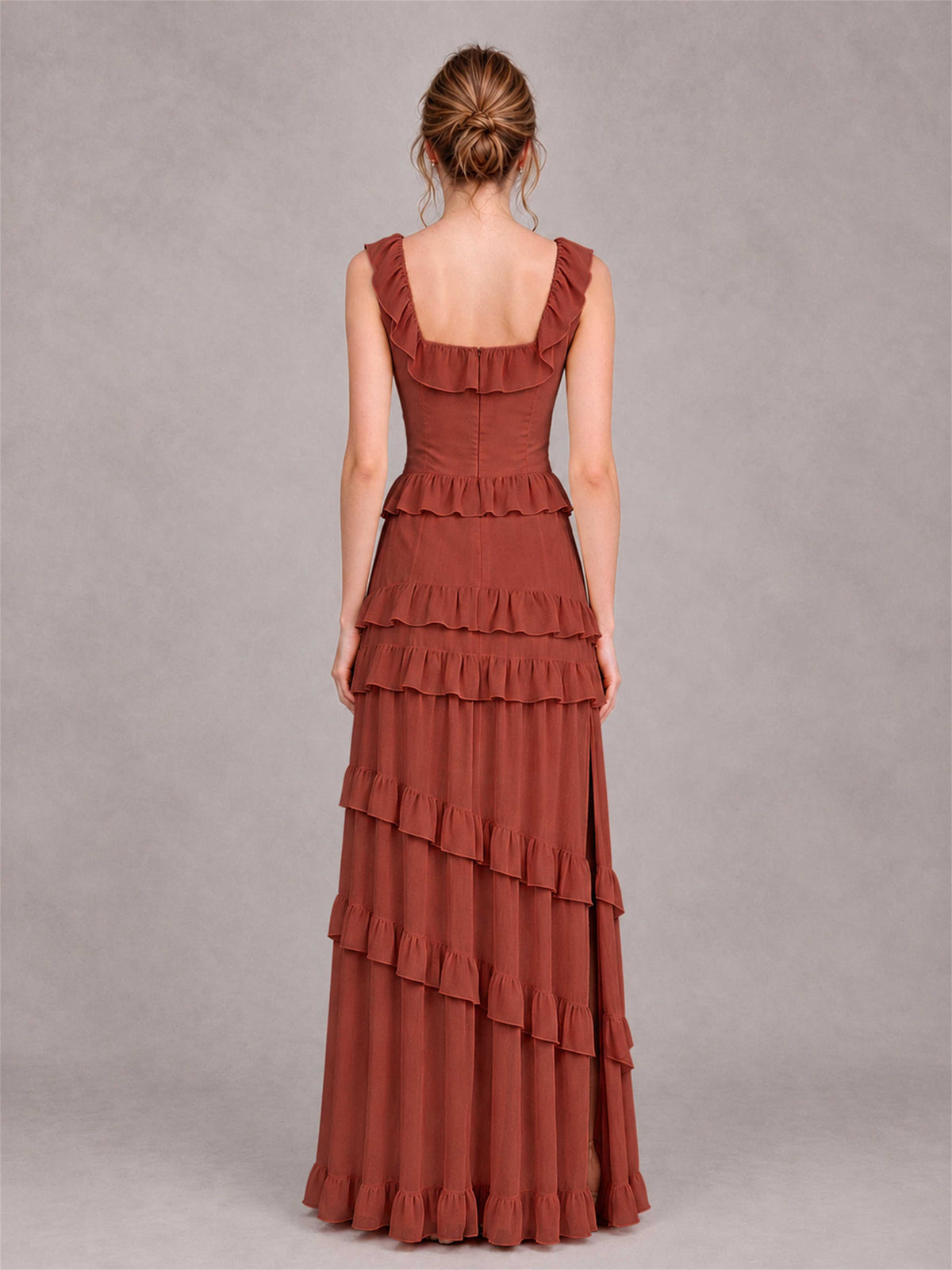 Square Neck A-Line Ruffle Chiffon Sleeveless Tiered Wedding Guest Dress with Split Side