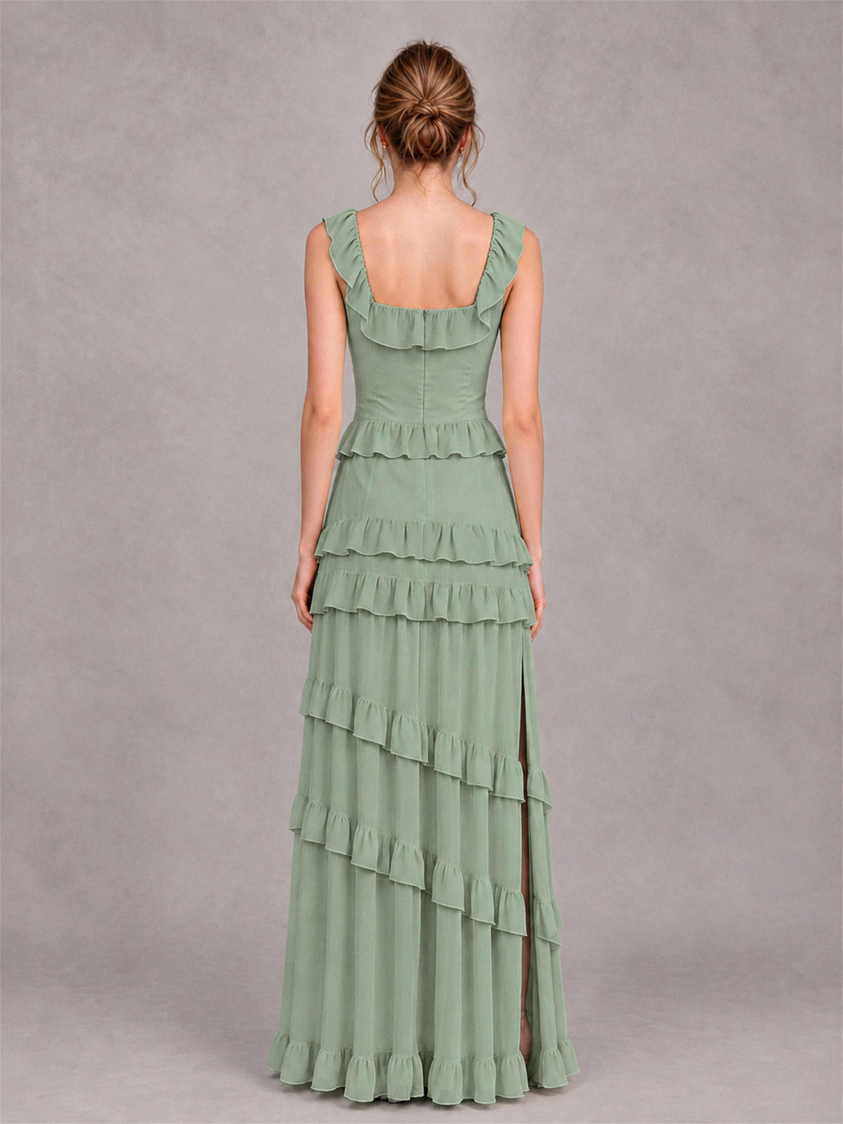 Square Neck A-Line Ruffle Chiffon Sleeveless Tiered Wedding Guest Dress with Split Side