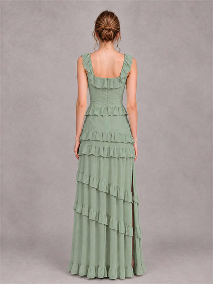 Square Neck A-Line Ruffle Chiffon Sleeveless Tiered Wedding Guest Dress with Split Side
