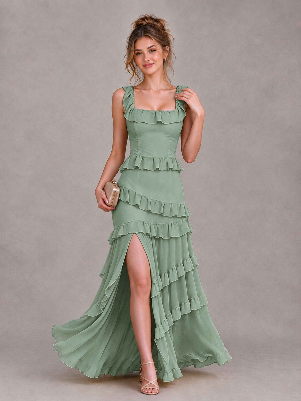 Square Neck A-Line Ruffle Chiffon Sleeveless Tiered Wedding Guest Dress with Split Side