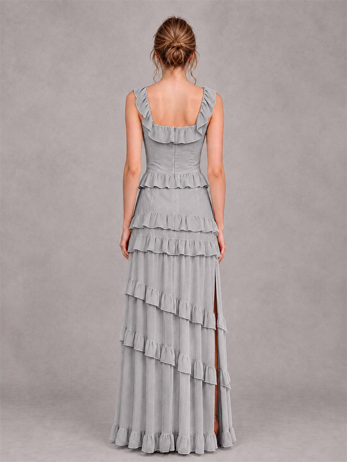Square Neck A-Line Ruffle Chiffon Sleeveless Tiered Wedding Guest Dress with Split Side