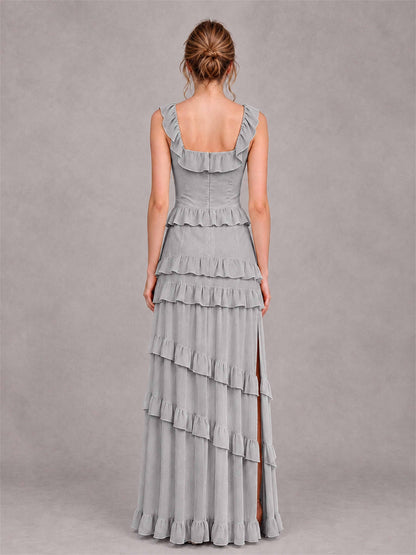 Square Neck A-Line Ruffle Chiffon Sleeveless Tiered Wedding Guest Dress with Split Side