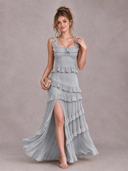 Square Neck A-Line Ruffle Chiffon Sleeveless Tiered Wedding Guest Dress with Split Side