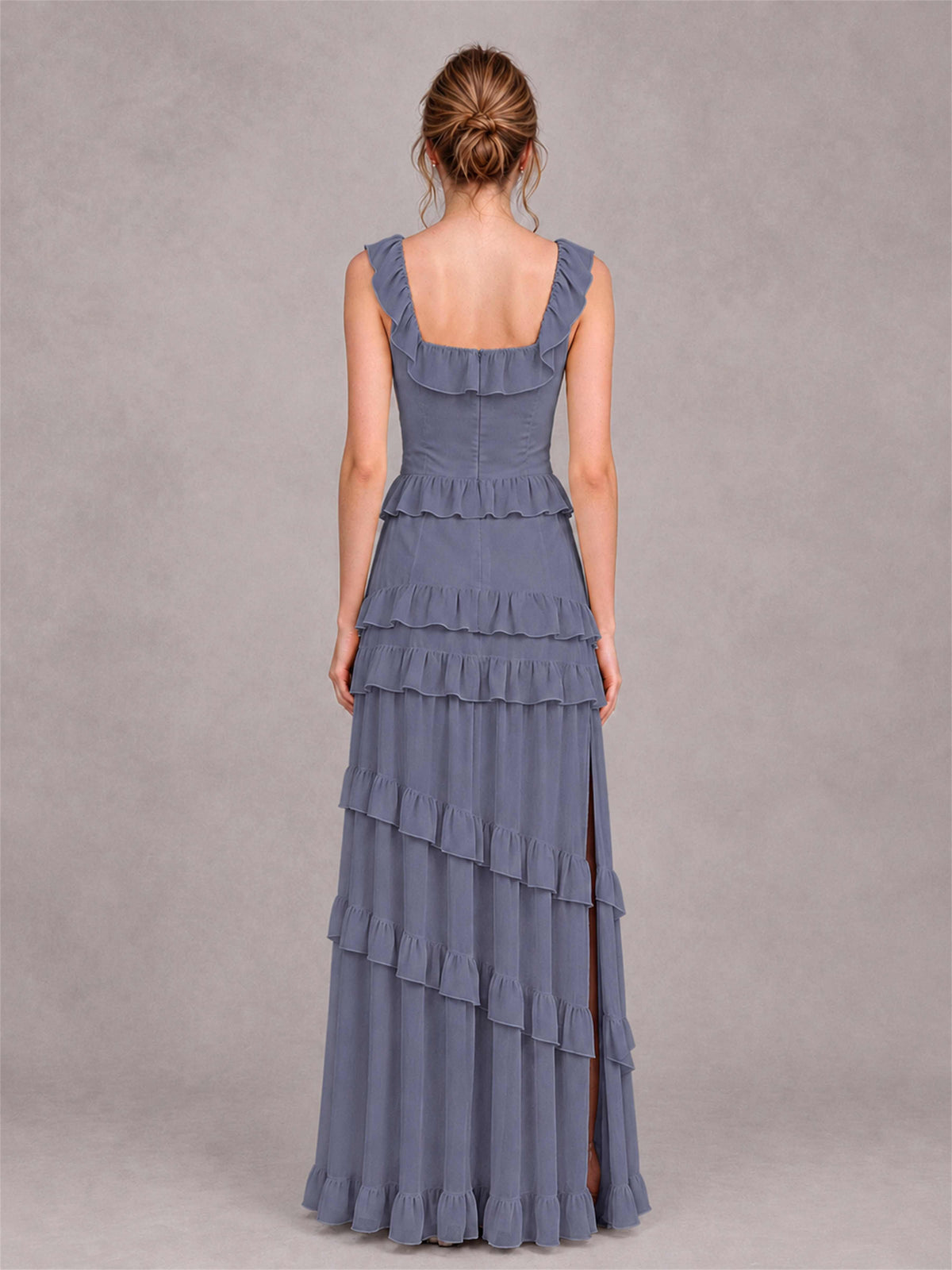 Square Neck A-Line Ruffle Chiffon Sleeveless Tiered Wedding Guest Dress with Split Side