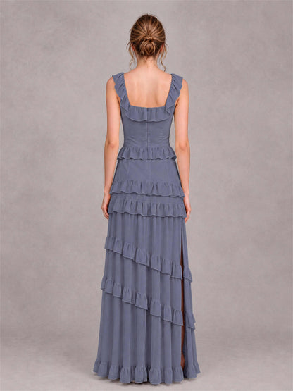 Square Neck A-Line Ruffle Chiffon Sleeveless Tiered Wedding Guest Dress with Split Side
