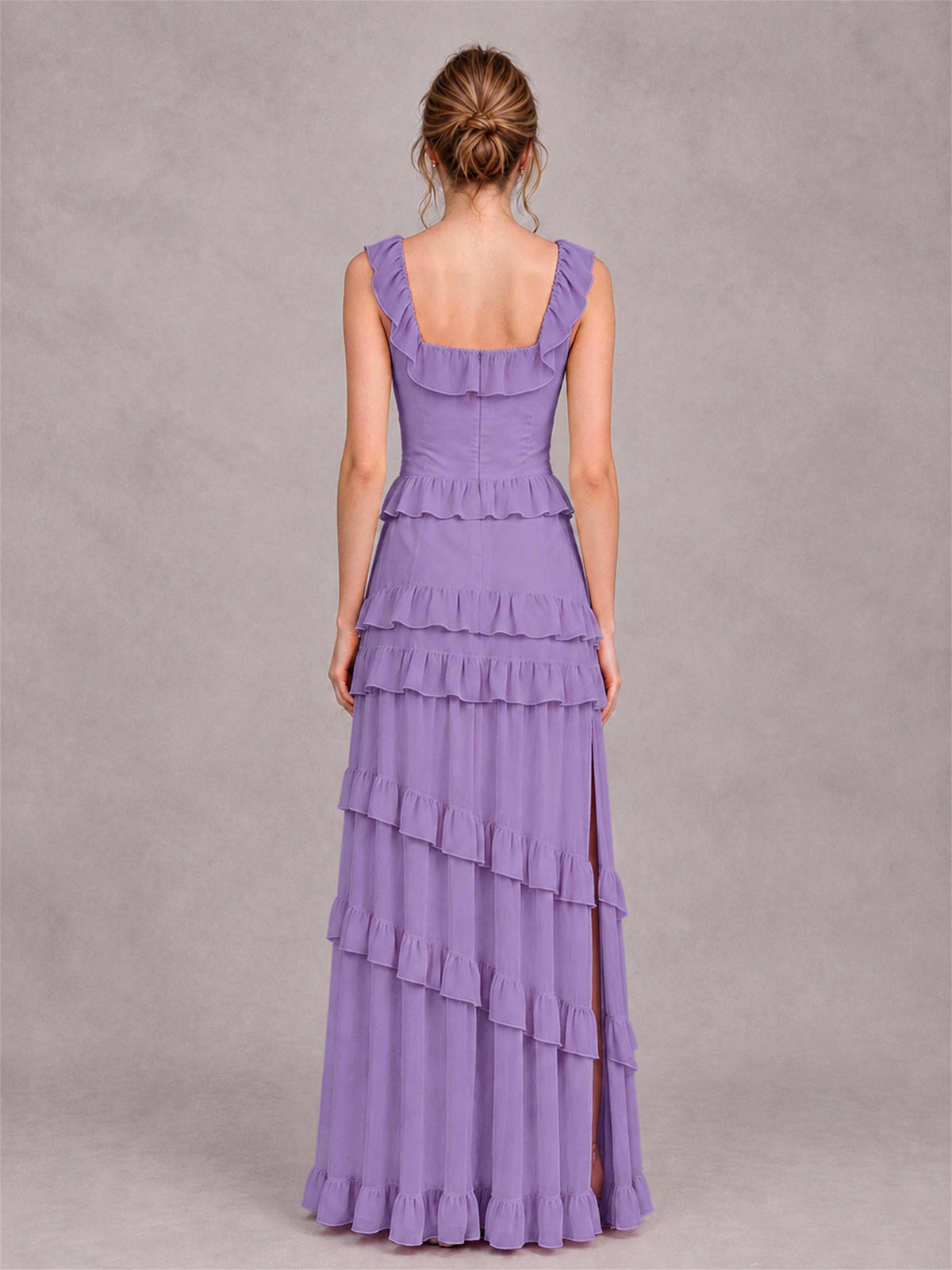 Square Neck A-Line Ruffle Chiffon Sleeveless Tiered Wedding Guest Dress with Split Side