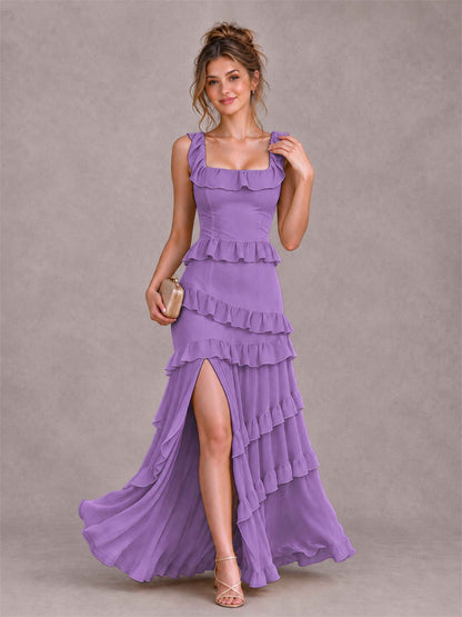 Square Neck A-Line Ruffle Chiffon Sleeveless Tiered Wedding Guest Dress with Split Side