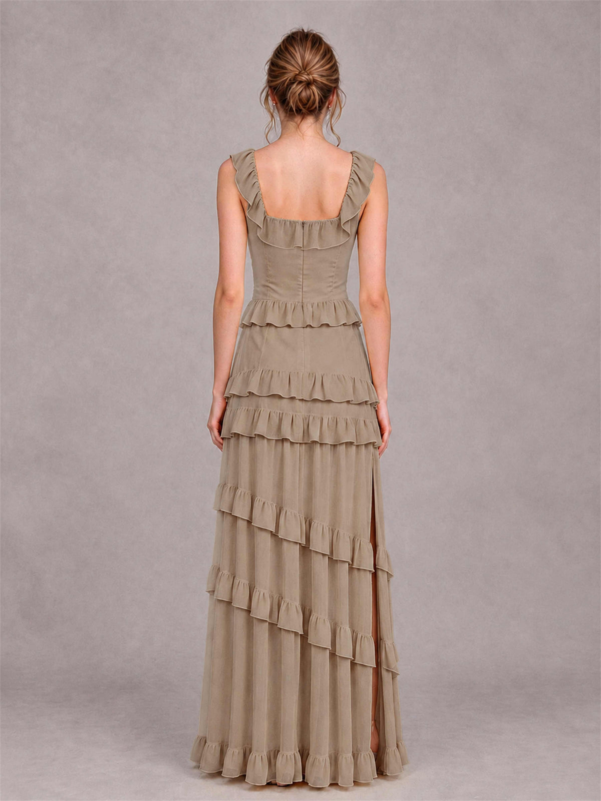 Square Neck A-Line Ruffle Chiffon Sleeveless Tiered Wedding Guest Dress with Split Side