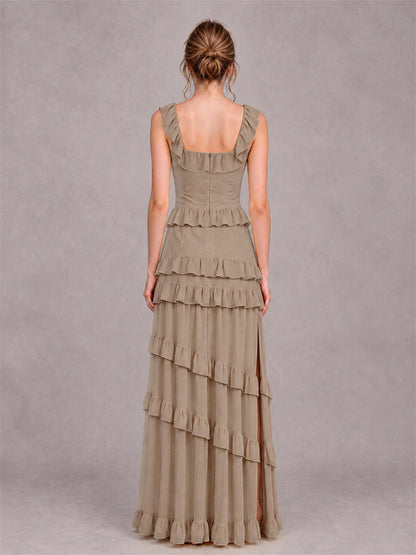 Square Neck A-Line Ruffle Chiffon Sleeveless Tiered Wedding Guest Dress with Split Side