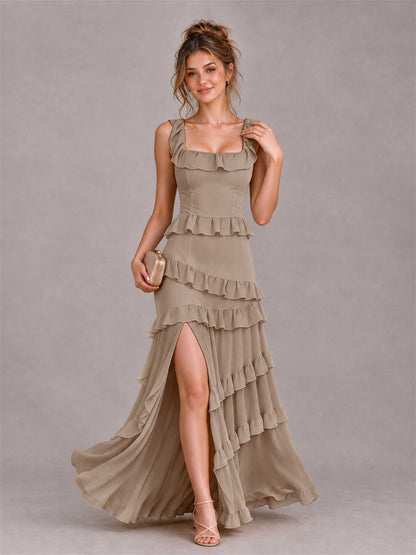 Square Neck A-Line Ruffle Chiffon Sleeveless Tiered Wedding Guest Dress with Split Side
