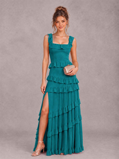 Square Neck A-Line Ruffle Chiffon Sleeveless Tiered Wedding Guest Dress with Split Side