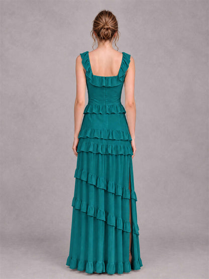 Square Neck A-Line Ruffle Chiffon Sleeveless Tiered Wedding Guest Dress with Split Side