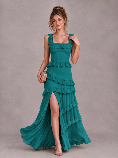 Square Neck A-Line Ruffle Chiffon Sleeveless Tiered Wedding Guest Dress with Split Side