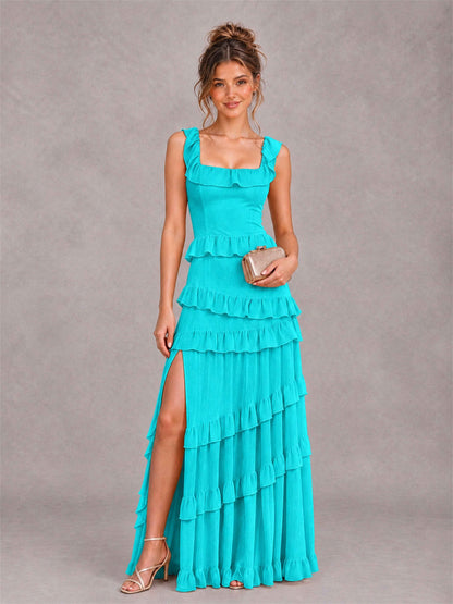 Square Neck A-Line Ruffle Chiffon Sleeveless Tiered Wedding Guest Dress with Split Side