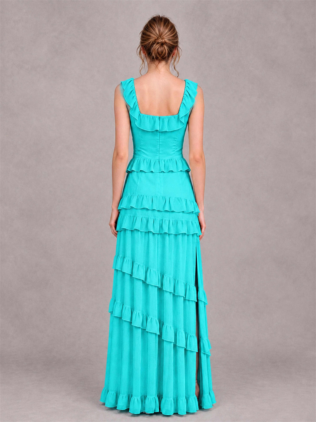 Square Neck A-Line Ruffle Chiffon Sleeveless Tiered Wedding Guest Dress with Split Side