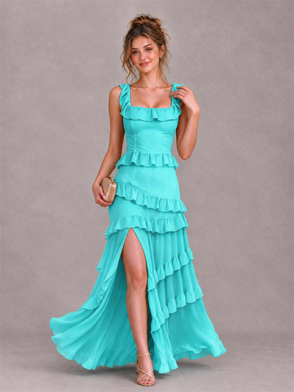 Square Neck A-Line Ruffle Chiffon Sleeveless Tiered Wedding Guest Dress with Split Side