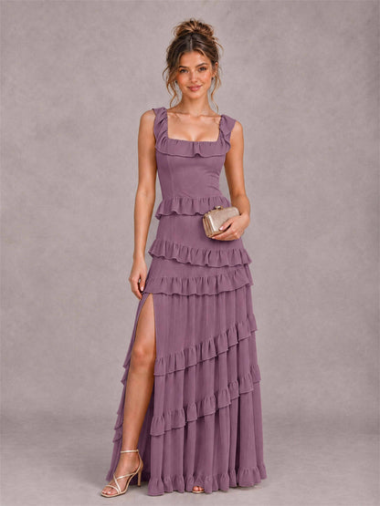 Square Neck A-Line Ruffle Chiffon Sleeveless Tiered Wedding Guest Dress with Split Side