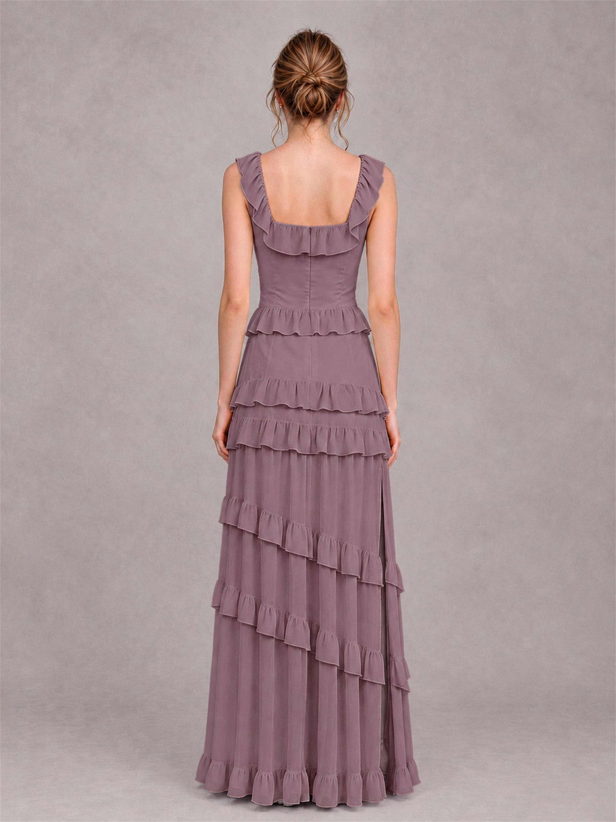 Square Neck A-Line Ruffle Chiffon Sleeveless Tiered Wedding Guest Dress with Split Side