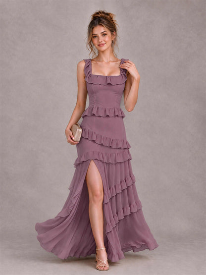 Square Neck A-Line Ruffle Chiffon Sleeveless Tiered Wedding Guest Dress with Split Side