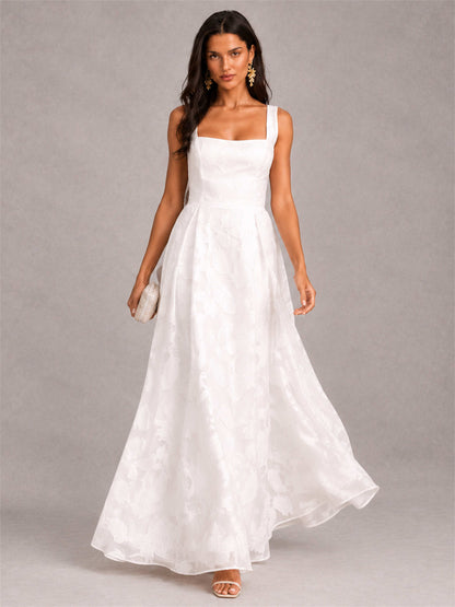 White Square Neck A-Line Sleeveless Jacquard Floor-Length Wedding Guest Dress