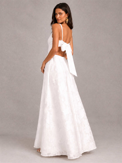 White Square Neck A-Line Sleeveless Jacquard Floor-Length Wedding Guest Dress