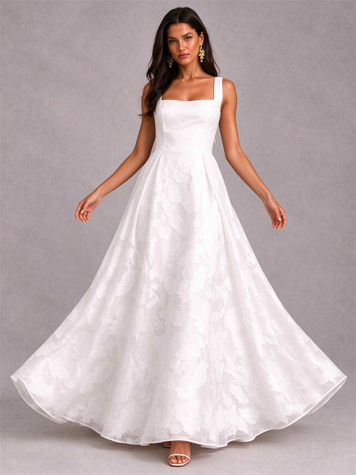 White Square Neck A-Line Sleeveless Jacquard Floor-Length Wedding Guest Dress