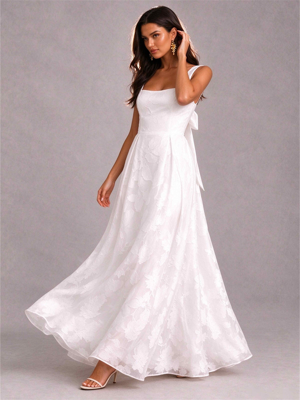 White Square Neck A-Line Sleeveless Jacquard Floor-Length Wedding Guest Dress