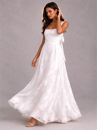 White Square Neck A-Line Sleeveless Jacquard Floor-Length Wedding Guest Dress