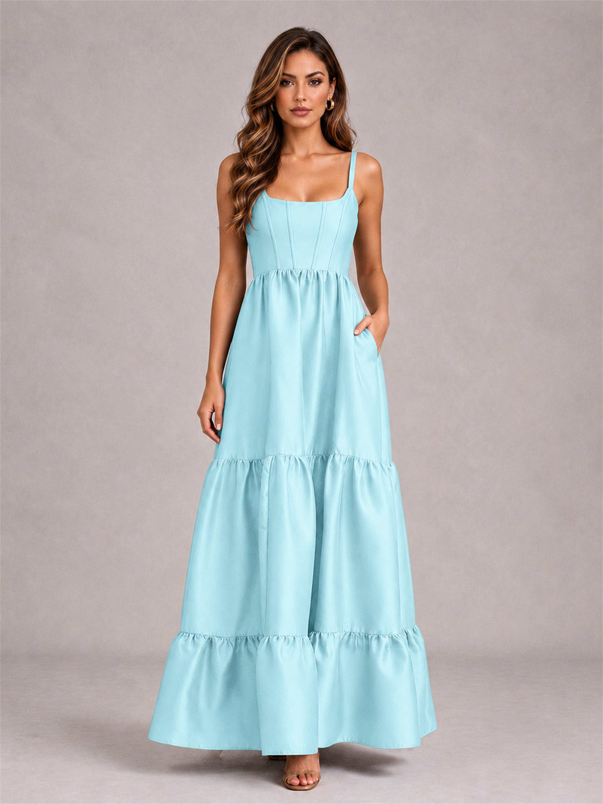 Square Neck A-Line Spaghetti Straps Satin Sleeveless Floor-Length Wedding Guest Dress