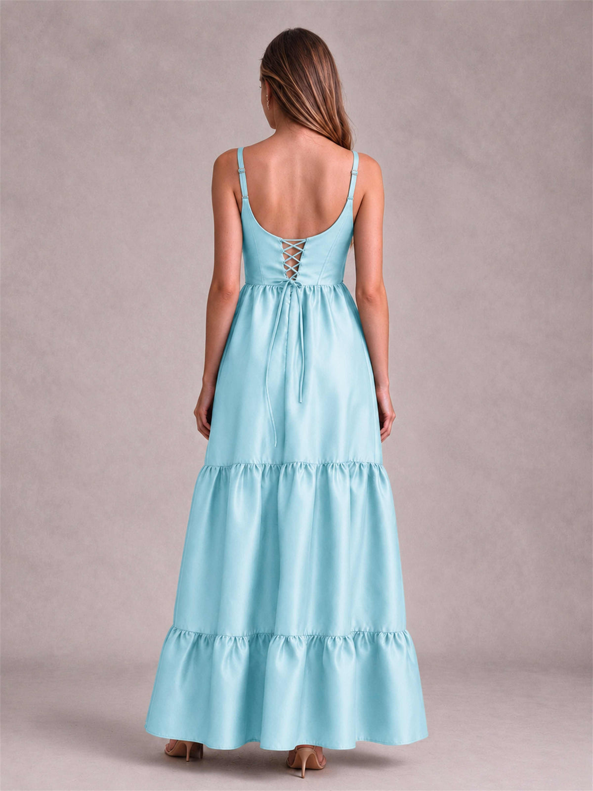Square Neck A-Line Spaghetti Straps Satin Sleeveless Floor-Length Wedding Guest Dress