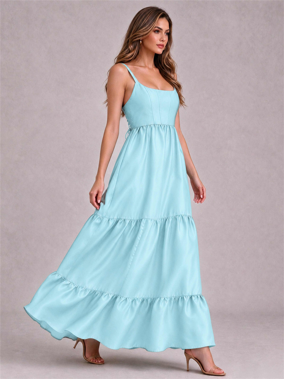 Square Neck A-Line Spaghetti Straps Satin Sleeveless Floor-Length Wedding Guest Dress