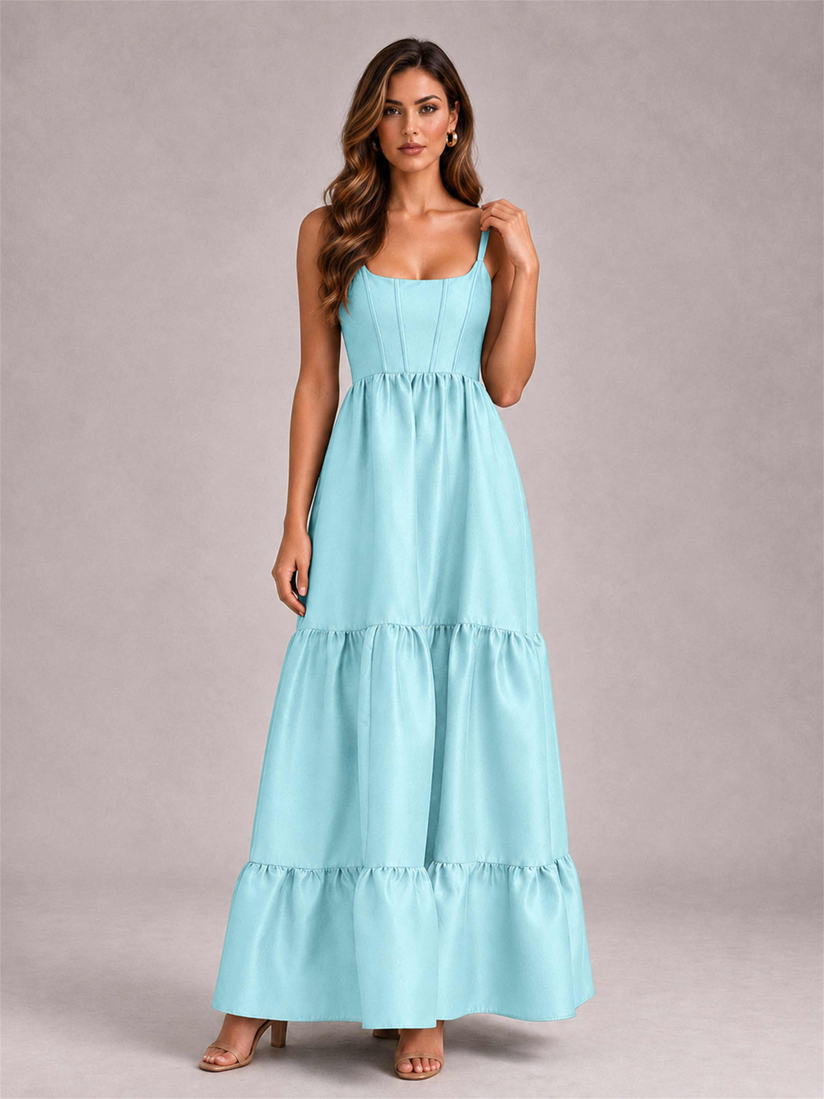 Square Neck A-Line Spaghetti Straps Satin Sleeveless Floor-Length Wedding Guest Dress
