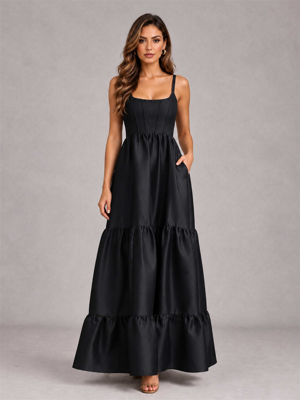 Square Neck A-Line Spaghetti Straps Satin Sleeveless Floor-Length Wedding Guest Dress