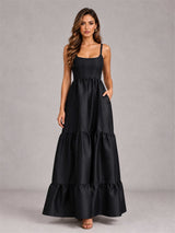 Square Neck A-Line Spaghetti Straps Satin Sleeveless Floor-Length Wedding Guest Dress