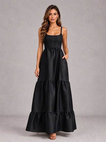 Square Neck A-Line Spaghetti Straps Satin Sleeveless Floor-Length Wedding Guest Dress