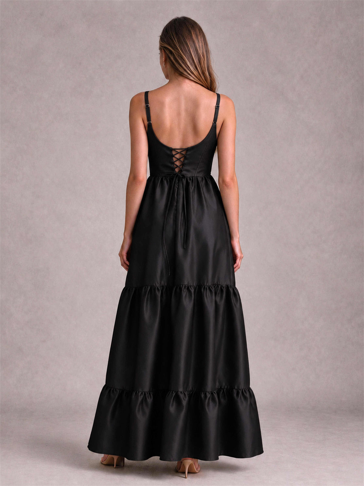 Square Neck A-Line Spaghetti Straps Satin Sleeveless Floor-Length Wedding Guest Dress