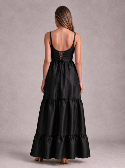 Square Neck A-Line Spaghetti Straps Satin Sleeveless Floor-Length Wedding Guest Dress