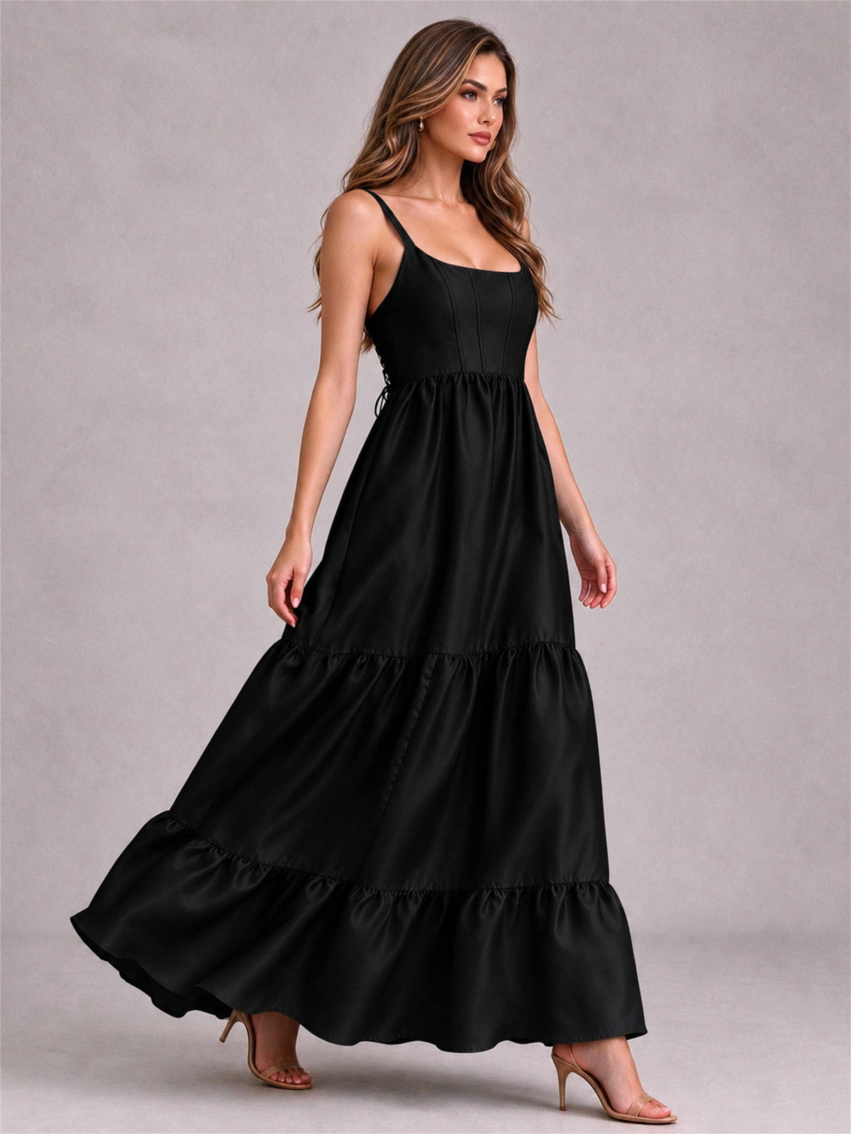 Square Neck A-Line Spaghetti Straps Satin Sleeveless Floor-Length Wedding Guest Dress
