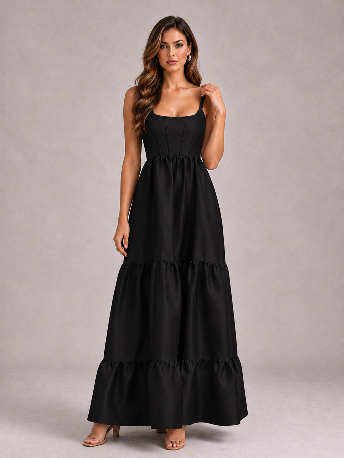 Square Neck A-Line Spaghetti Straps Satin Sleeveless Floor-Length Wedding Guest Dress