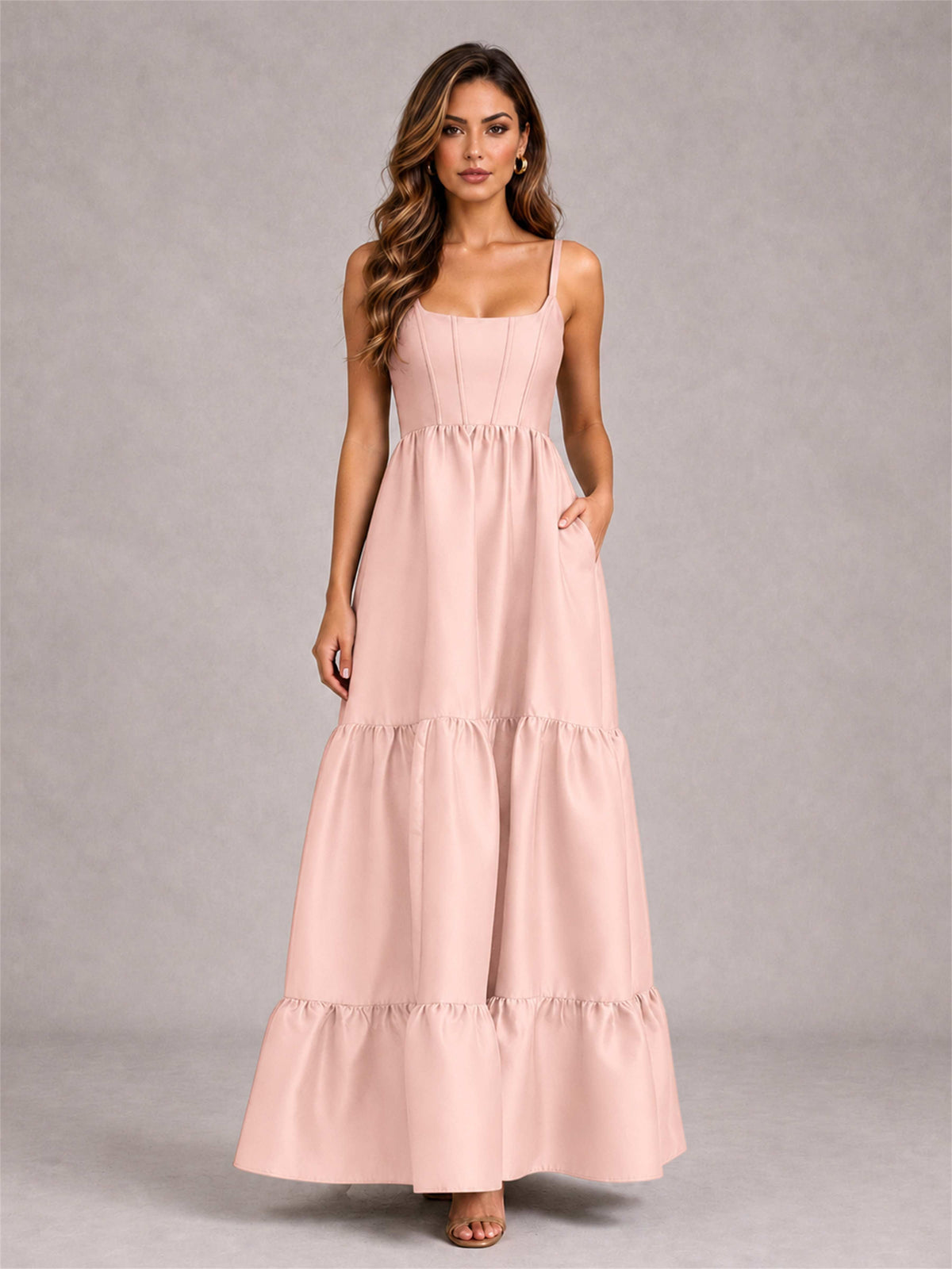 Square Neck A-Line Spaghetti Straps Satin Sleeveless Floor-Length Wedding Guest Dress