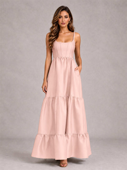 Square Neck A-Line Spaghetti Straps Satin Sleeveless Floor-Length Wedding Guest Dress