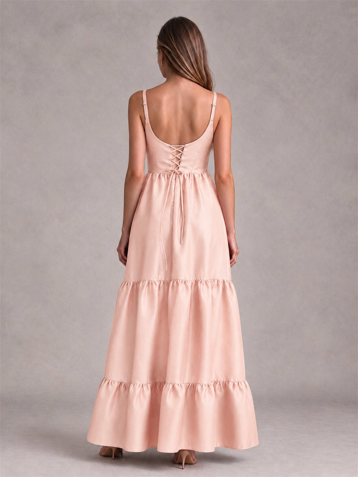 Square Neck A-Line Spaghetti Straps Satin Sleeveless Floor-Length Wedding Guest Dress