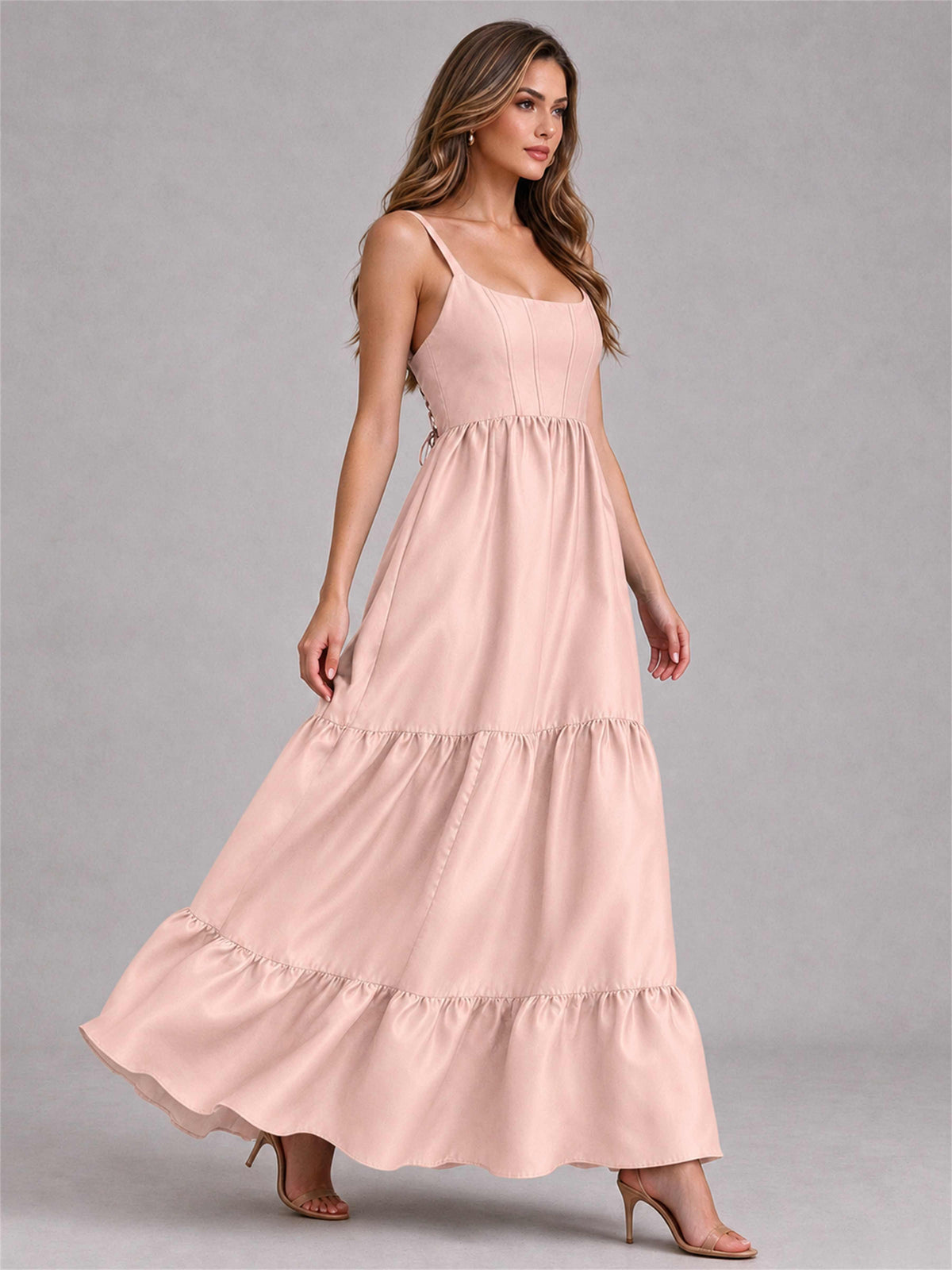 Square Neck A-Line Spaghetti Straps Satin Sleeveless Floor-Length Wedding Guest Dress