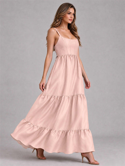 Square Neck A-Line Spaghetti Straps Satin Sleeveless Floor-Length Wedding Guest Dress