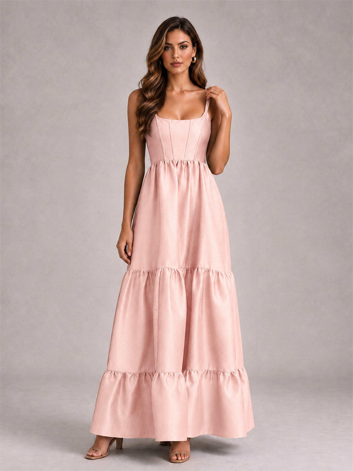 Square Neck A-Line Spaghetti Straps Satin Sleeveless Floor-Length Wedding Guest Dress