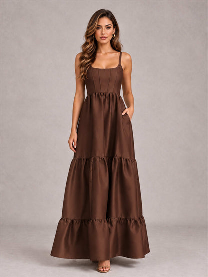 Square Neck A-Line Spaghetti Straps Satin Sleeveless Floor-Length Wedding Guest Dress