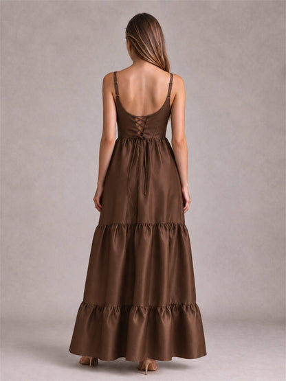 Square Neck A-Line Spaghetti Straps Satin Sleeveless Floor-Length Wedding Guest Dress