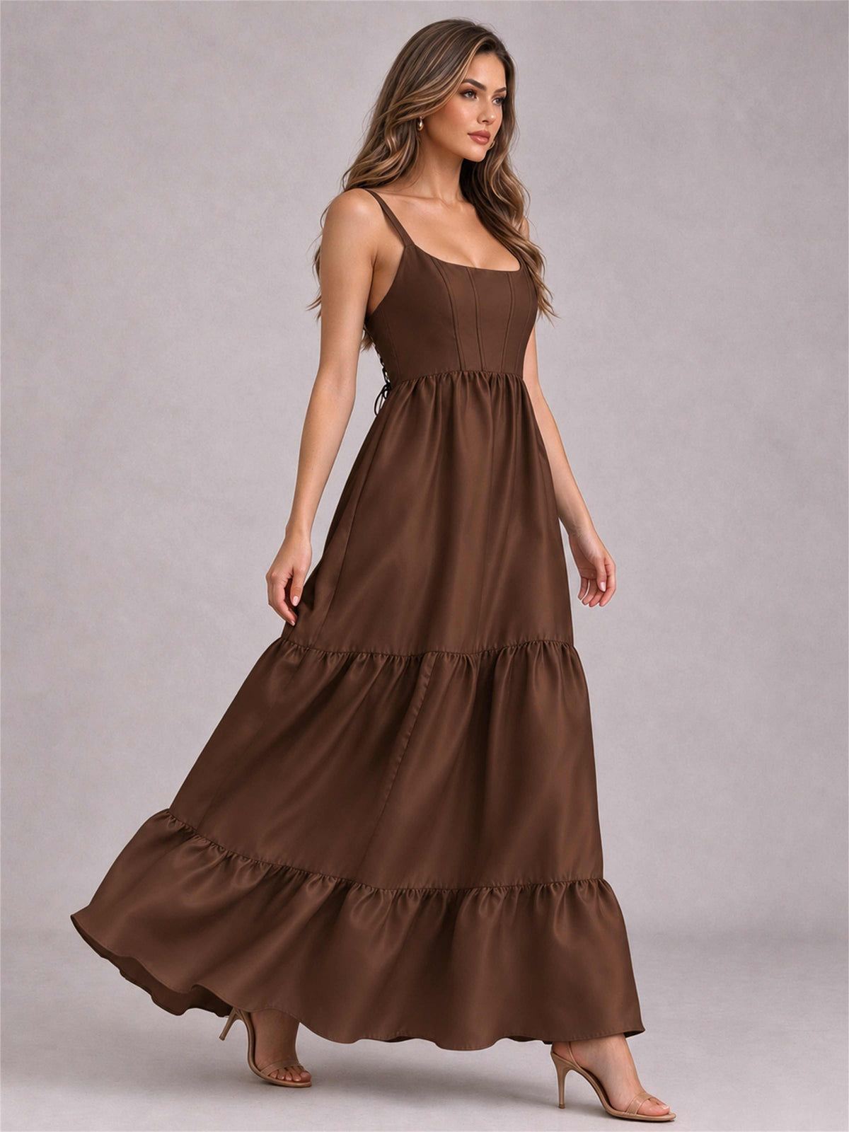 Square Neck A-Line Spaghetti Straps Satin Sleeveless Floor-Length Wedding Guest Dress